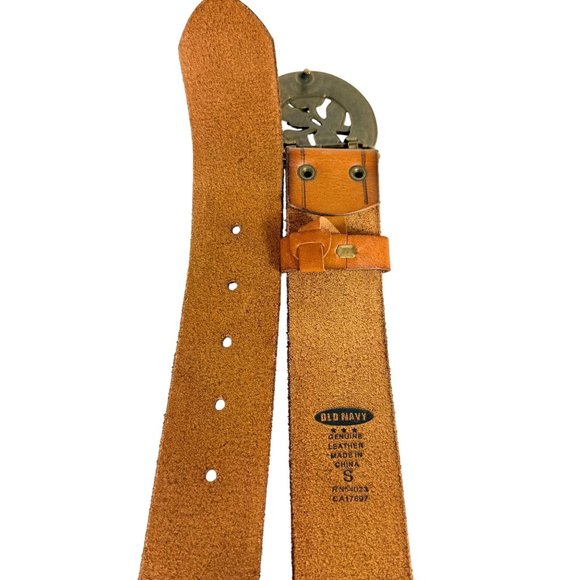 Old Navy Leather Belt Size S Floral Brass Buckle Cognac Brown Embossed VTG Y2K main image 13